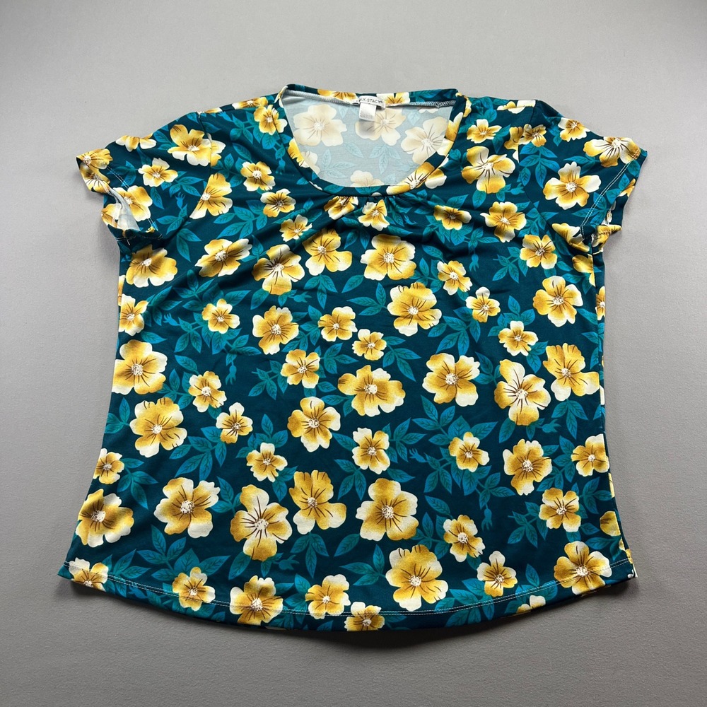 Emily Stacy Blouse Top Womens 3X Teal Blue Floral Stretch Round Neck Cap Sleeve